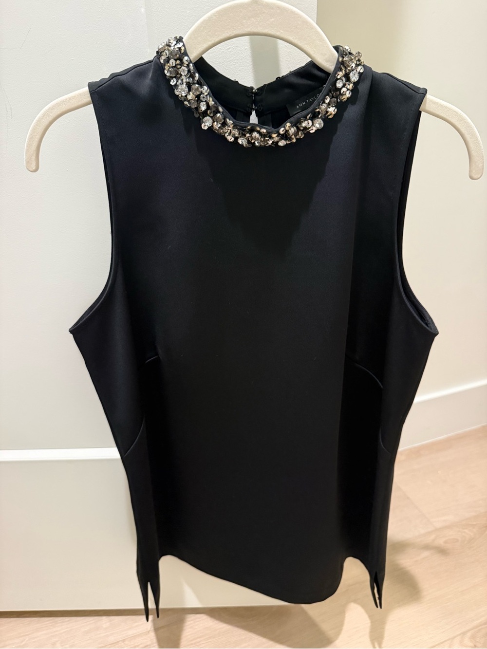 Ann Taylor Black Sleeveless Top with Jeweled Collar